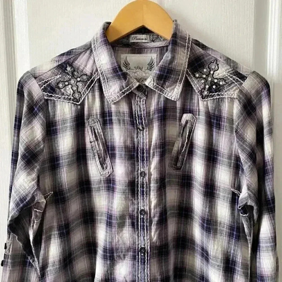 ROAR Western Button Front Shirt Joeley Purple Plaid Rhinestone Size XL - Picture 5 of 16